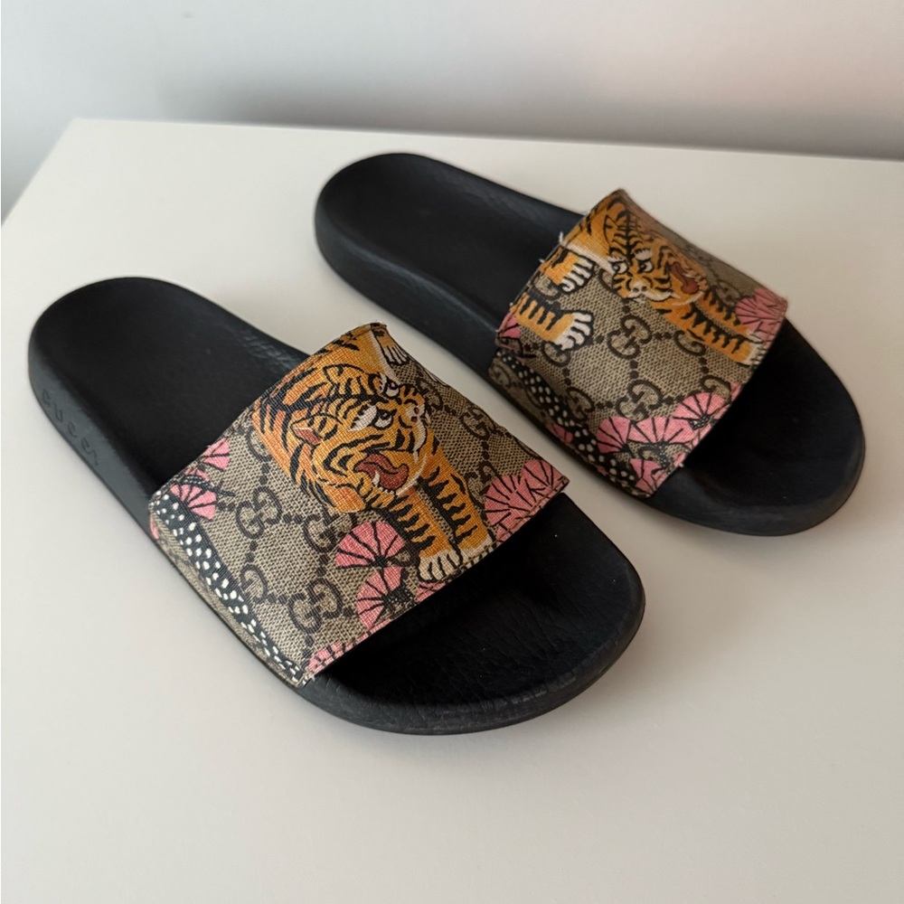 Gucci Black and Brown Tiger Slides